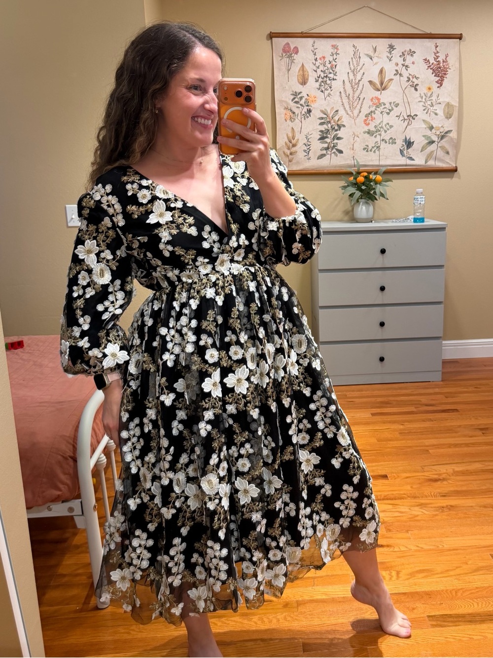 NWT JessaKae Holly Black Floral V-Neck Midi Dress with Puff Sleeves XS